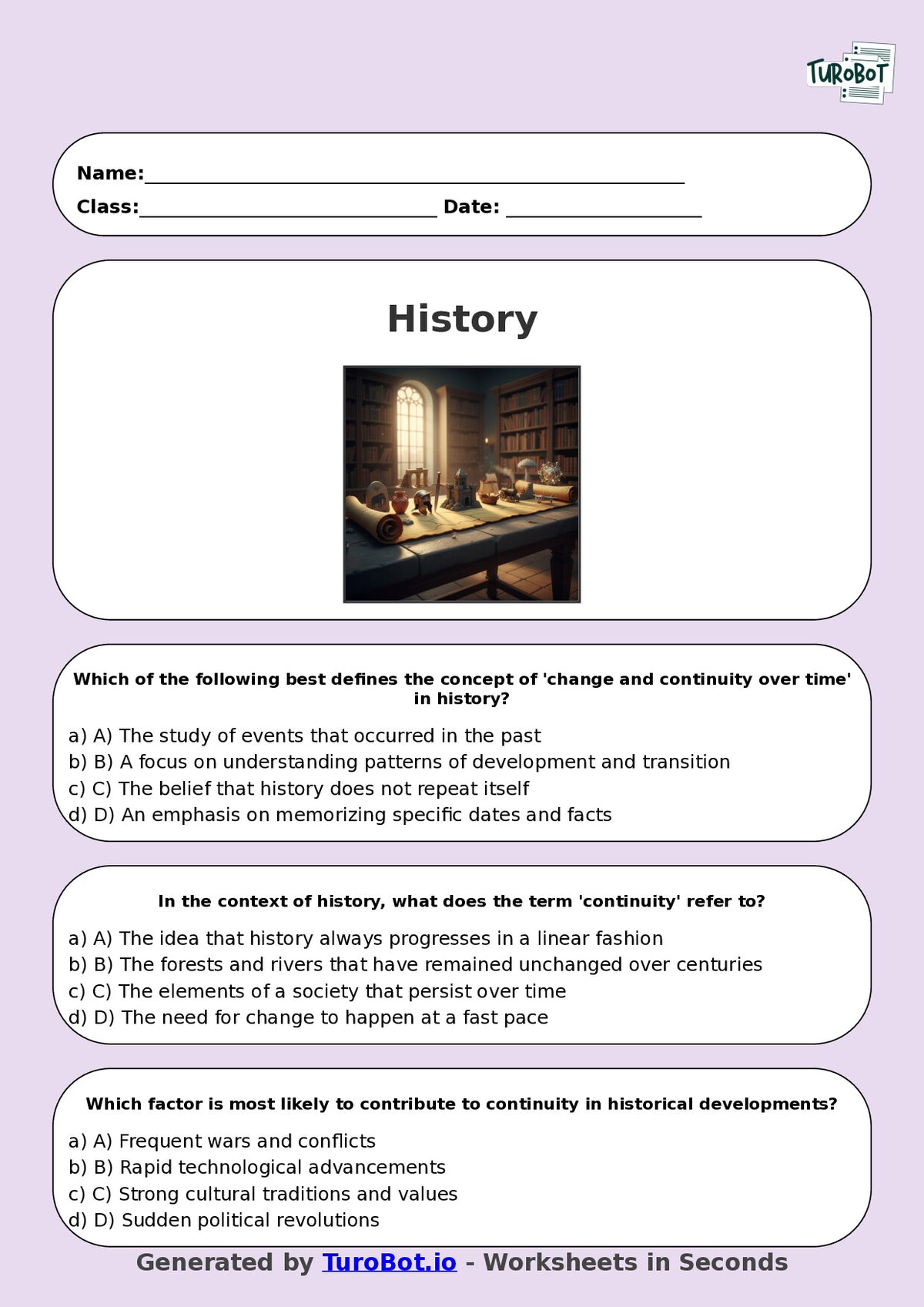 Year 8 History Multiple Choice Worksheet – Change and Continuity Over Time