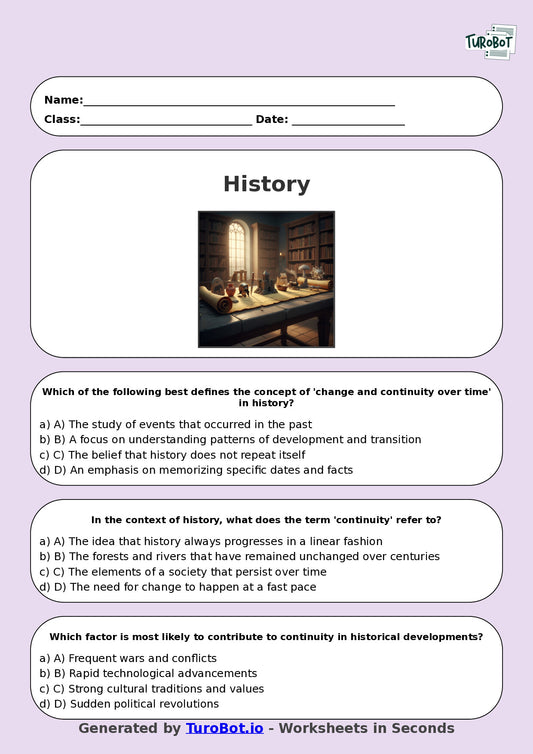 Year 8 History Multiple Choice Worksheet – Change and Continuity Over Time