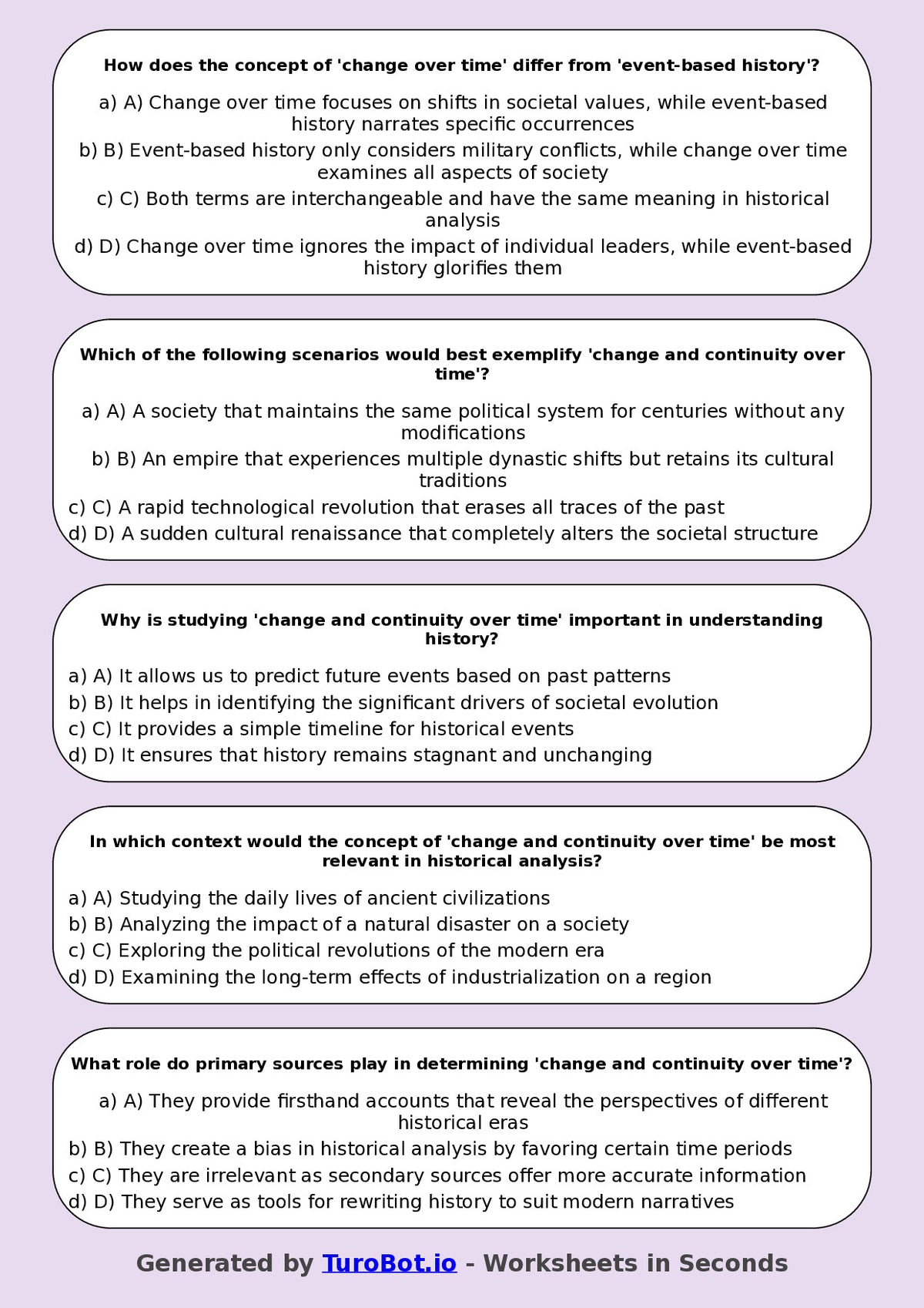 Year 8 History Multiple Choice Worksheet – Change and Continuity Over Time