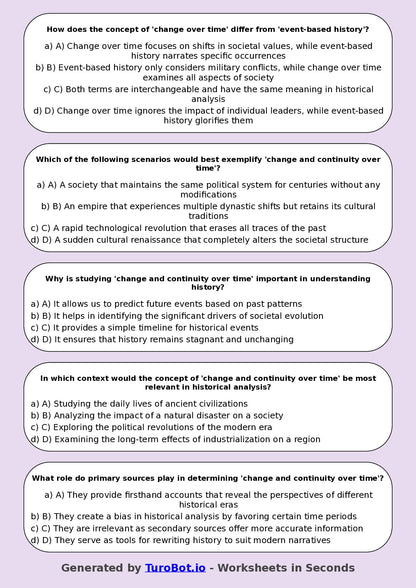 Year 8 History Multiple Choice Worksheet – Change and Continuity Over Time
