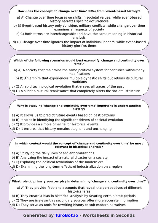 Year 8 History Multiple Choice Worksheet – Change and Continuity Over Time