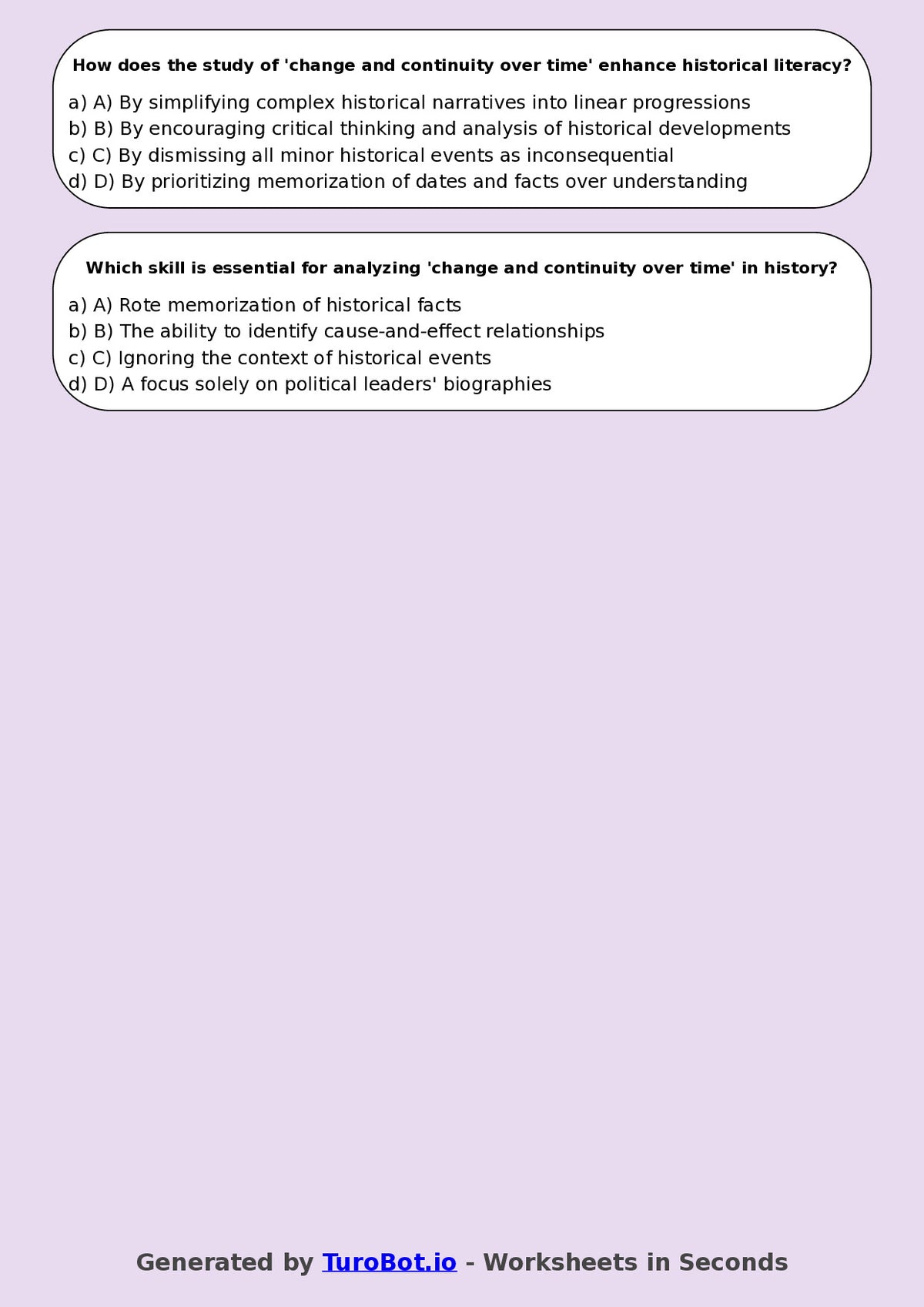 Year 8 History Multiple Choice Worksheet – Change and Continuity Over Time