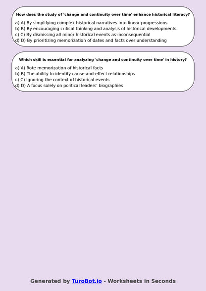 Year 8 History Multiple Choice Worksheet – Change and Continuity Over Time
