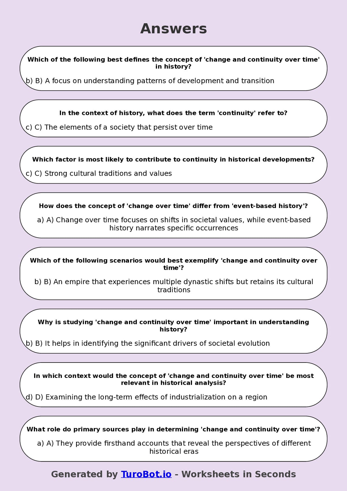 Year 8 History Multiple Choice Worksheet – Change and Continuity Over Time