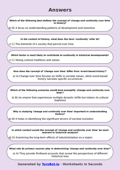Year 8 History Multiple Choice Worksheet – Change and Continuity Over Time