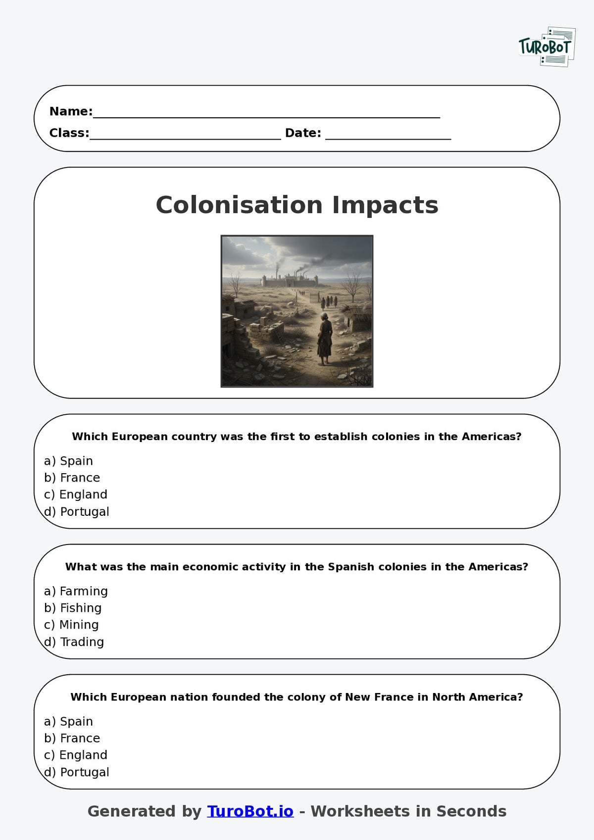 Year 8 History Multiple Choice Worksheet – Colonisation and Its Impacts