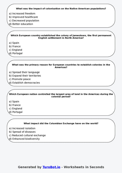 Year 8 History Multiple Choice Worksheet – Colonisation and Its Impacts
