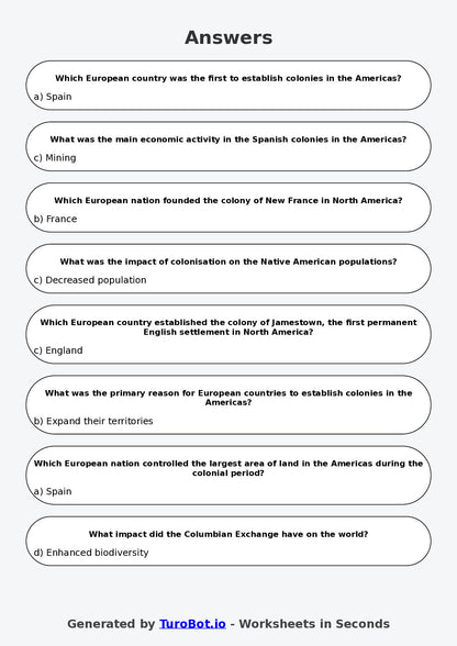 Year 8 History Multiple Choice Worksheet – Colonisation and Its Impacts