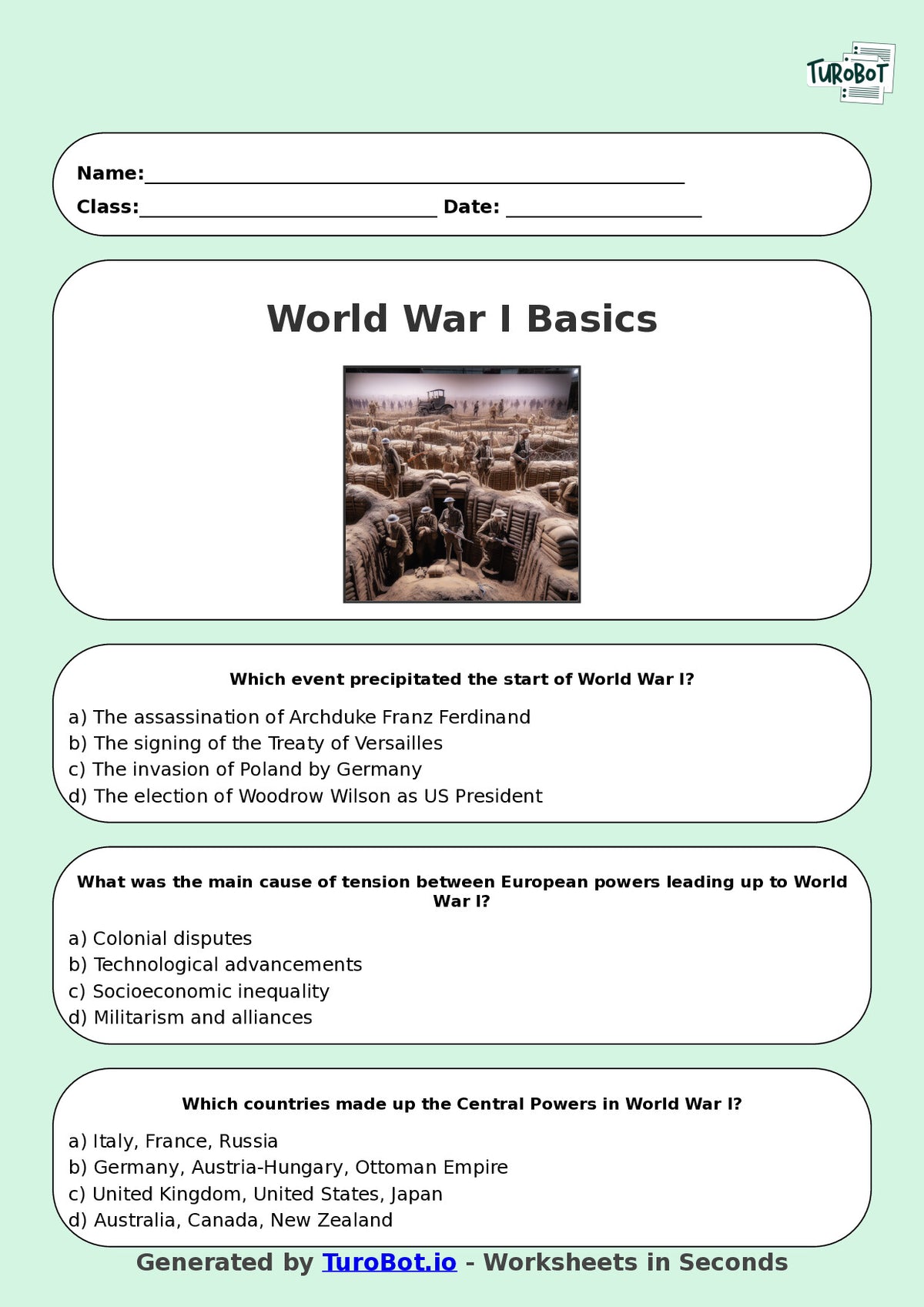 Year 8 History Multiple Choice Worksheet – World War I Basics