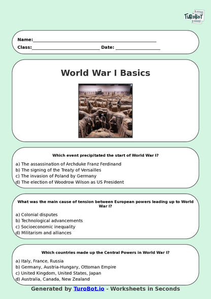Year 8 History Multiple Choice Worksheet – World War I Basics