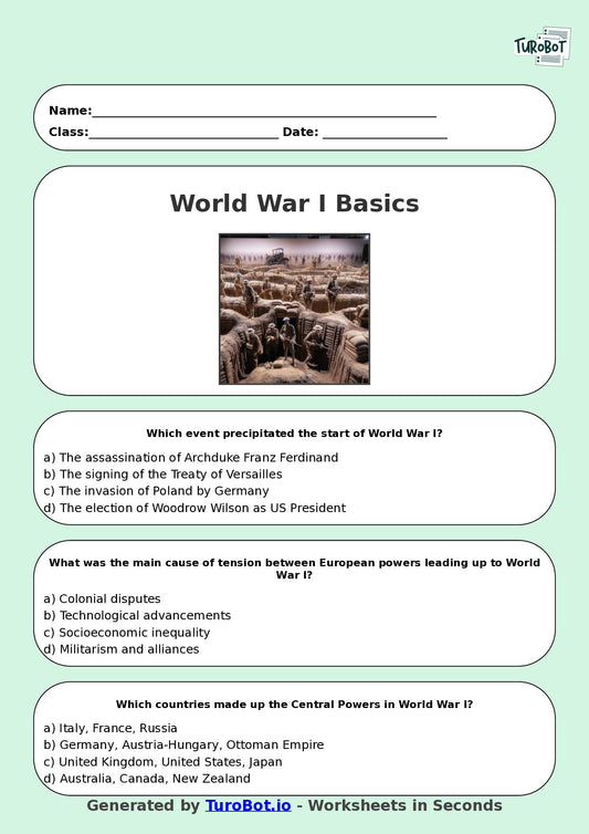 Year 8 History Multiple Choice Worksheet – World War I Basics