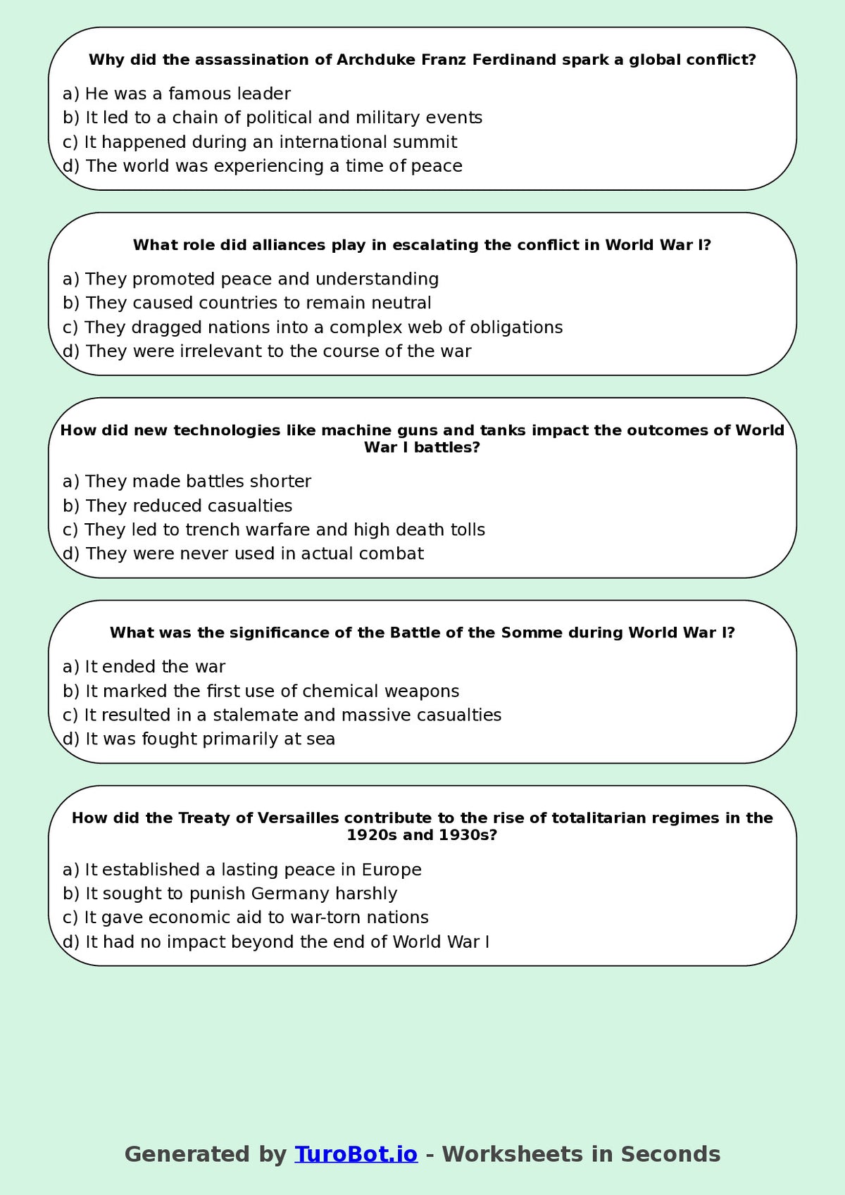 Year 8 History Multiple Choice Worksheet – World War I Basics