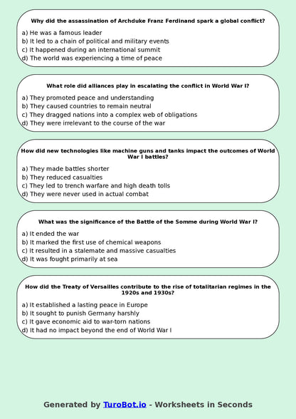 Year 8 History Multiple Choice Worksheet – World War I Basics