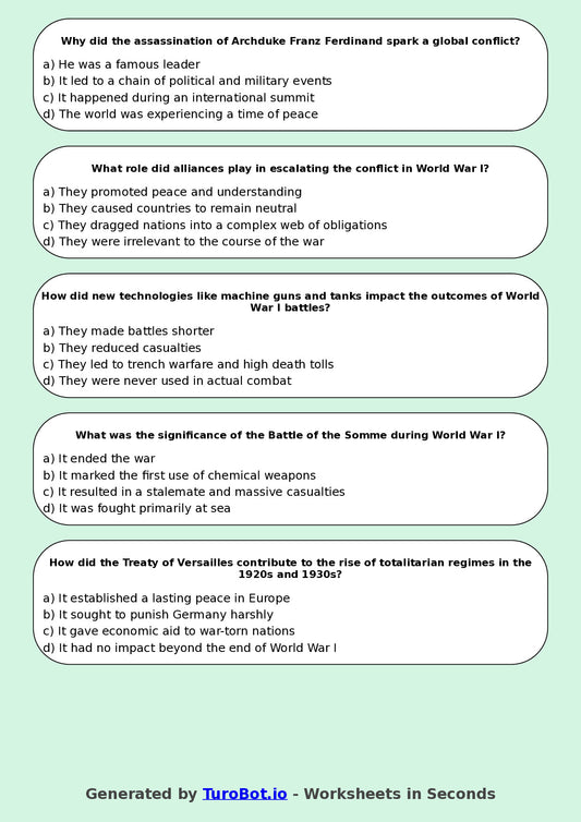 Year 8 History Multiple Choice Worksheet – World War I Basics