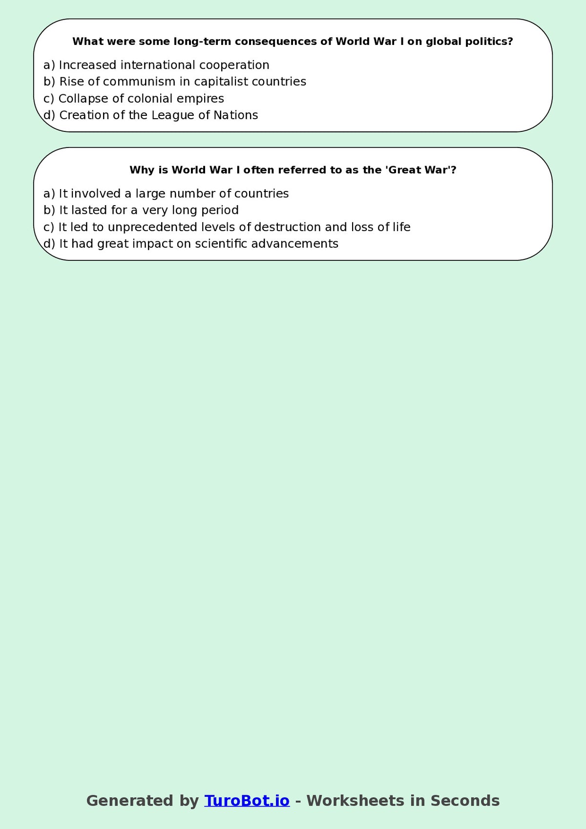 Year 8 History Multiple Choice Worksheet – World War I Basics