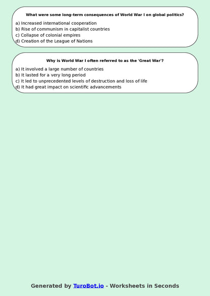 Year 8 History Multiple Choice Worksheet – World War I Basics