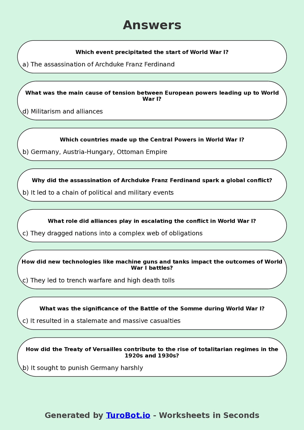 Year 8 History Multiple Choice Worksheet – World War I Basics