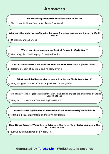 Year 8 History Multiple Choice Worksheet – World War I Basics