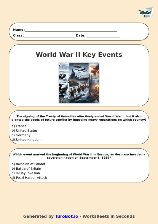 Year 9 History Multiple Choice Worksheet – World War II Key Events
