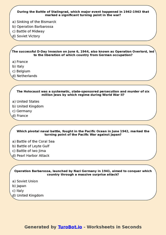 Year 9 History Multiple Choice Worksheet – World War II Key Events