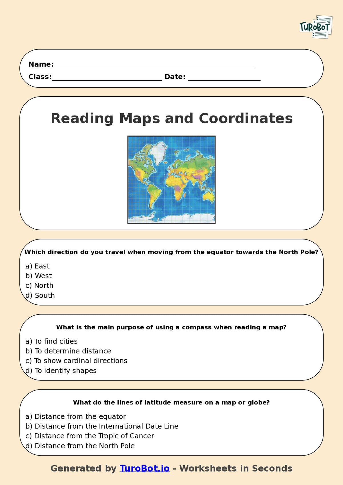 Year 5 Humanities Multiple Choice Worksheet – Reading Maps and Coordinates