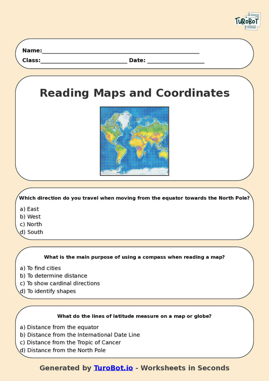 Year 5 Humanities Multiple Choice Worksheet – Reading Maps and Coordinates
