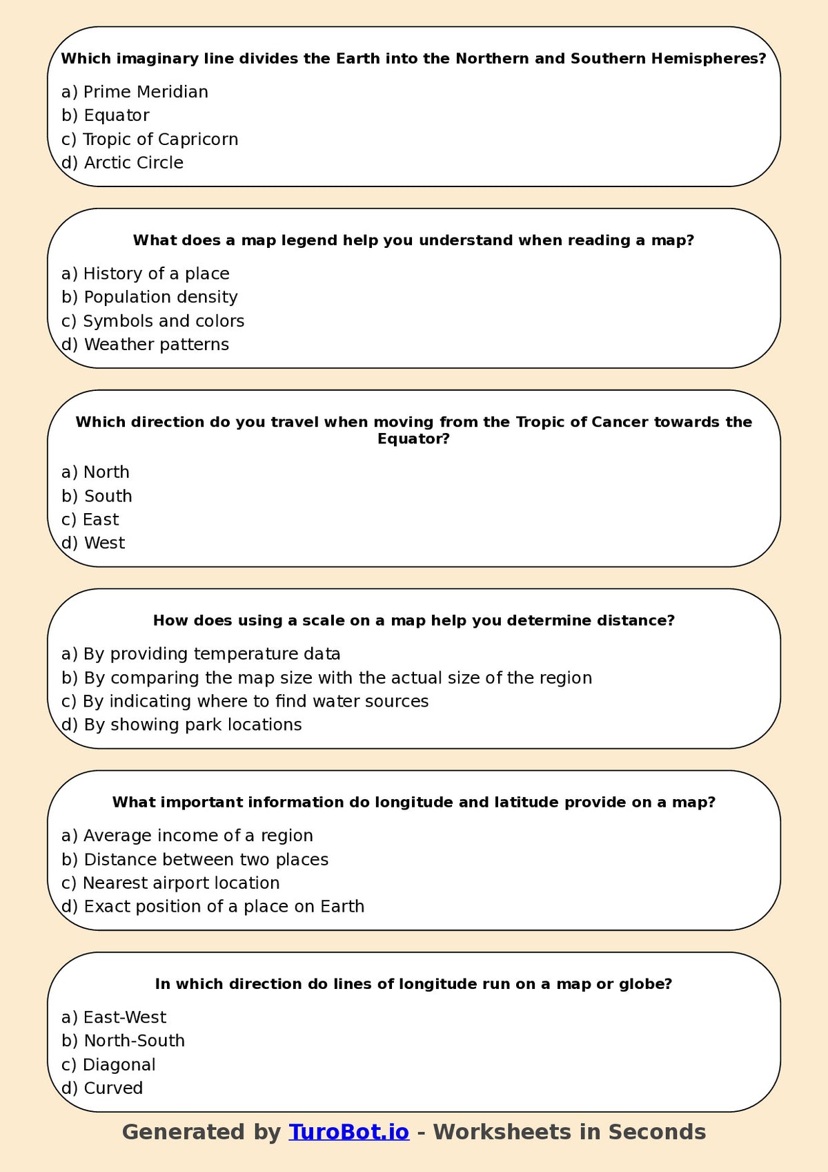 Year 5 Humanities Multiple Choice Worksheet – Reading Maps and Coordinates
