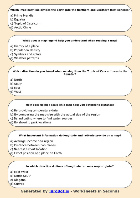Year 5 Humanities Multiple Choice Worksheet – Reading Maps and Coordinates
