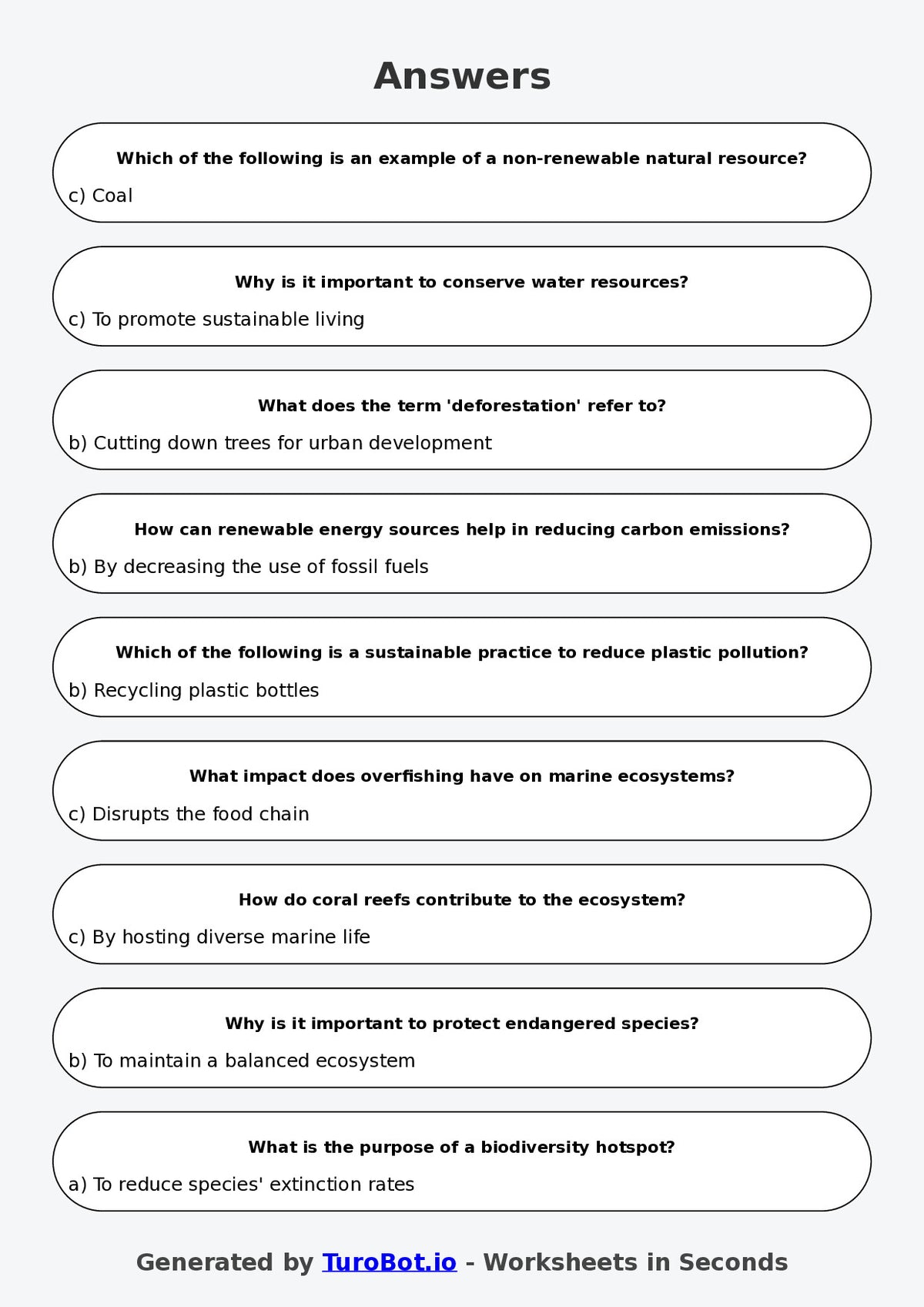 Year 6 Humanities Multiple Choice Worksheet – Natural Resources and Sustainability
