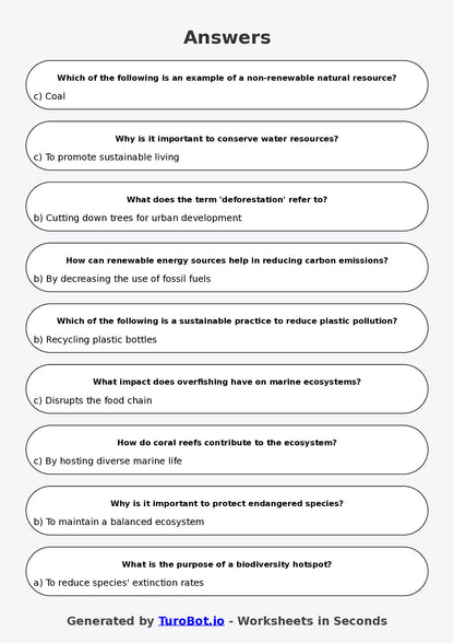 Year 6 Humanities Multiple Choice Worksheet – Natural Resources and Sustainability