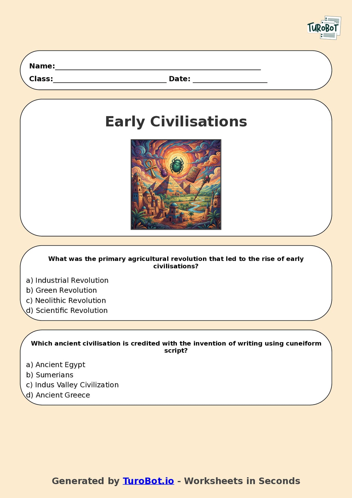 Year 7 Humanities Multiple Choice Worksheet – Early Civilisations Overview