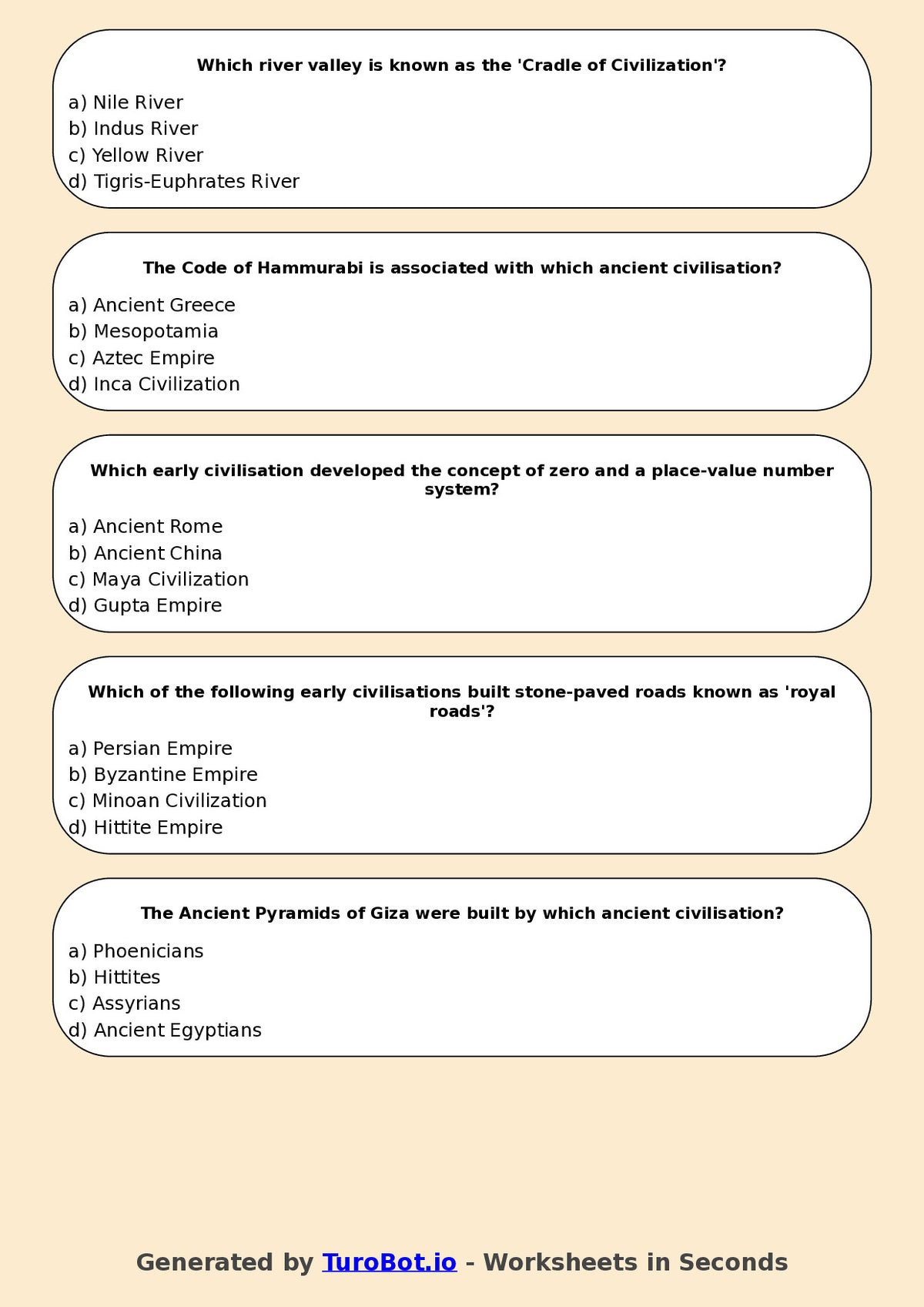 Year 7 Humanities Multiple Choice Worksheet – Early Civilisations Overview