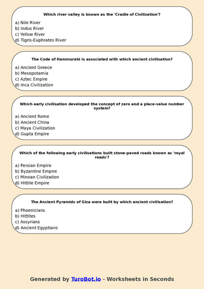 Year 7 Humanities Multiple Choice Worksheet – Early Civilisations Overview
