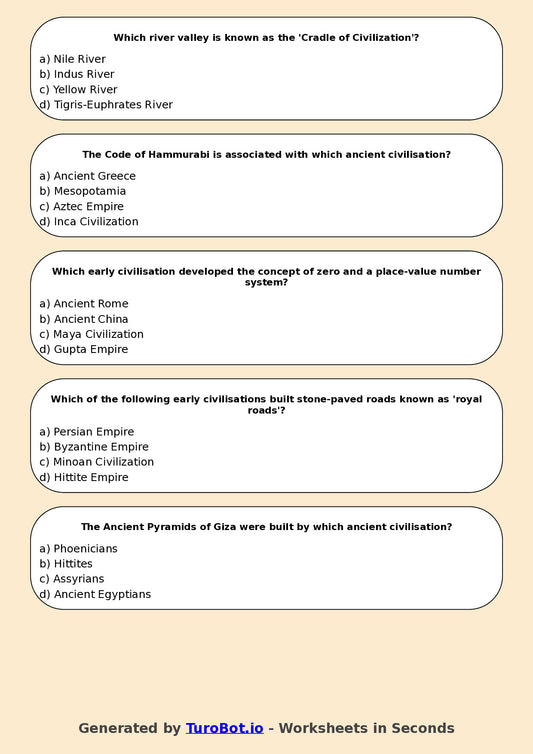 Year 7 Humanities Multiple Choice Worksheet – Early Civilisations Overview