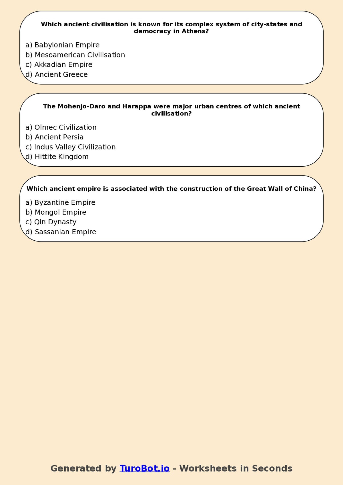 Year 7 Humanities Multiple Choice Worksheet – Early Civilisations Overview
