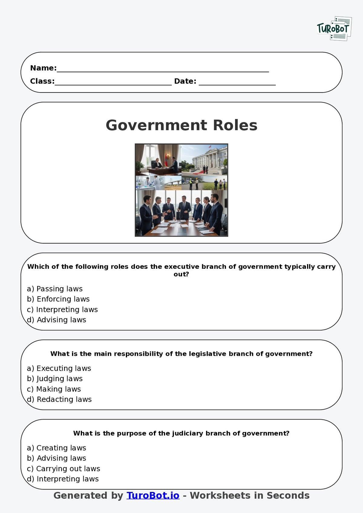 Year 8 Humanities Multiple Choice Worksheet – Government Roles and Responsibilities