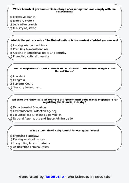 Year 8 Humanities Multiple Choice Worksheet – Government Roles and Responsibilities
