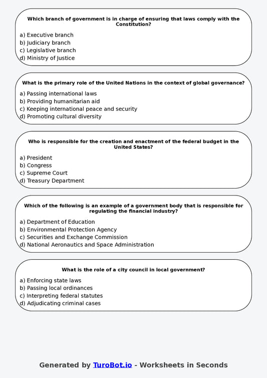 Year 8 Humanities Multiple Choice Worksheet – Government Roles and Responsibilities