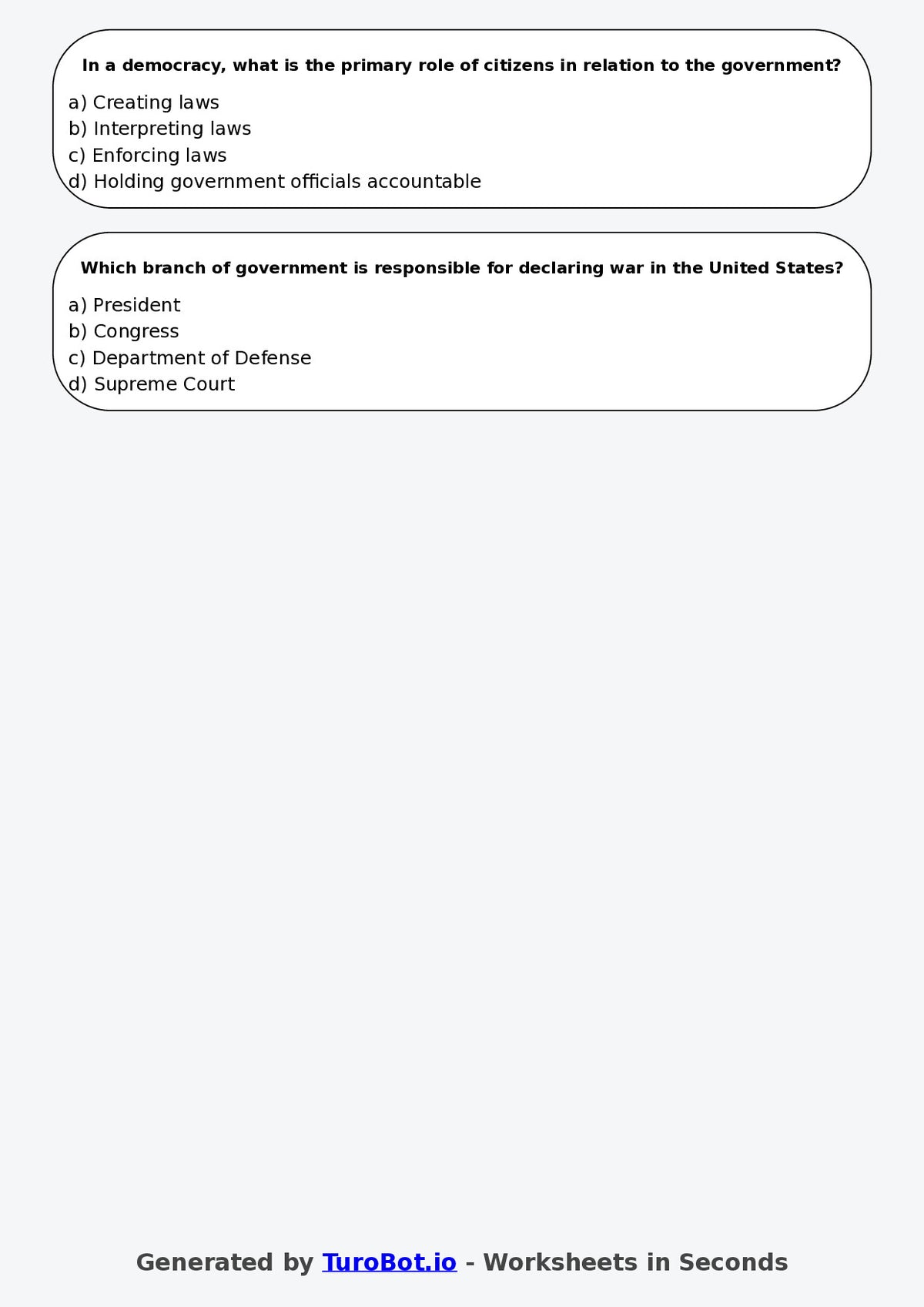 Year 8 Humanities Multiple Choice Worksheet – Government Roles and Responsibilities