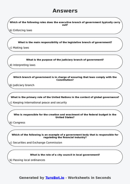 Year 8 Humanities Multiple Choice Worksheet – Government Roles and Responsibilities