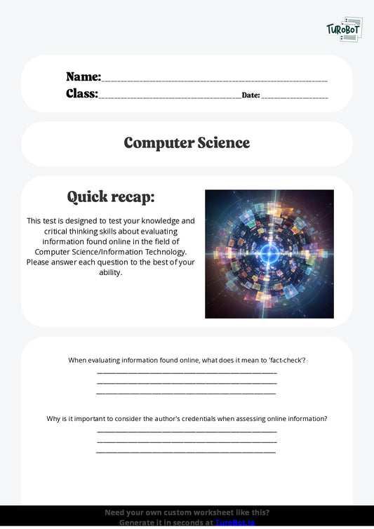 Free Worksheet - Year 7 Computer Science/Information Technology Evaluating Information Found Online Multiple Choice