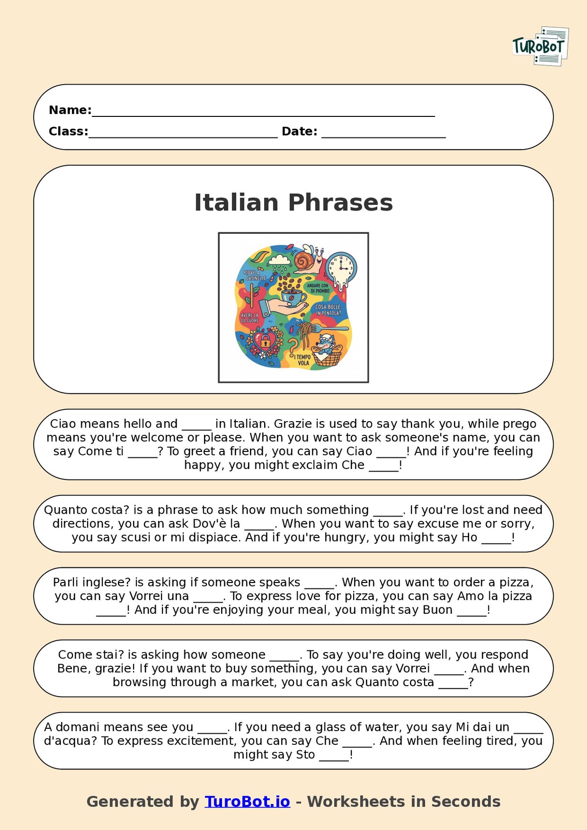 Year 6 Italian Fill in the Blanks Worksheet – Common Italian Phrases and Expressions