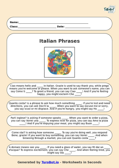Year 6 Italian Fill in the Blanks Worksheet – Common Italian Phrases and Expressions