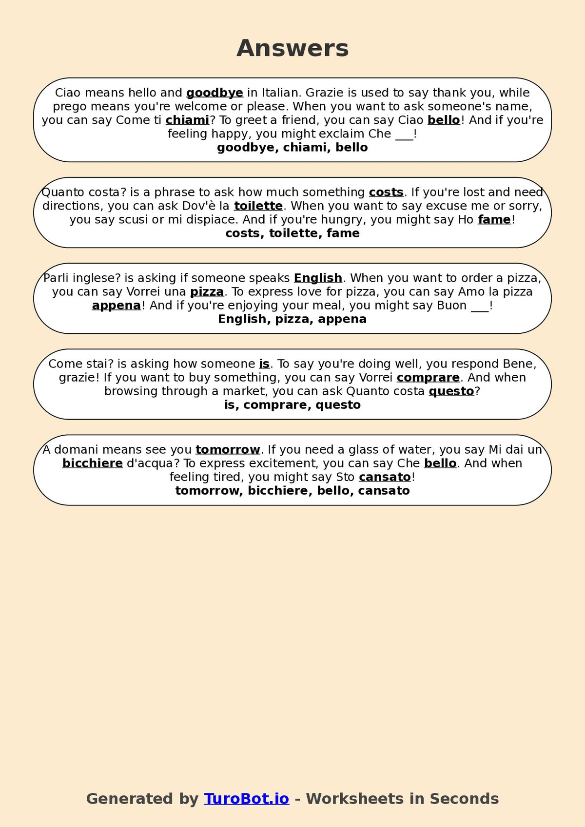 Year 6 Italian Fill in the Blanks Worksheet – Common Italian Phrases and Expressions