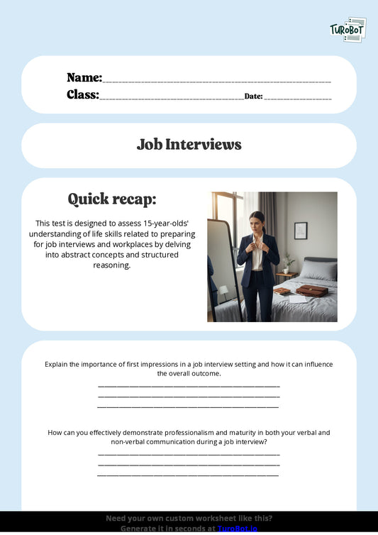 Free Worksheet - Year 10 Life Skills Preparing for Job Interviews and Workplaces Short Answer Response