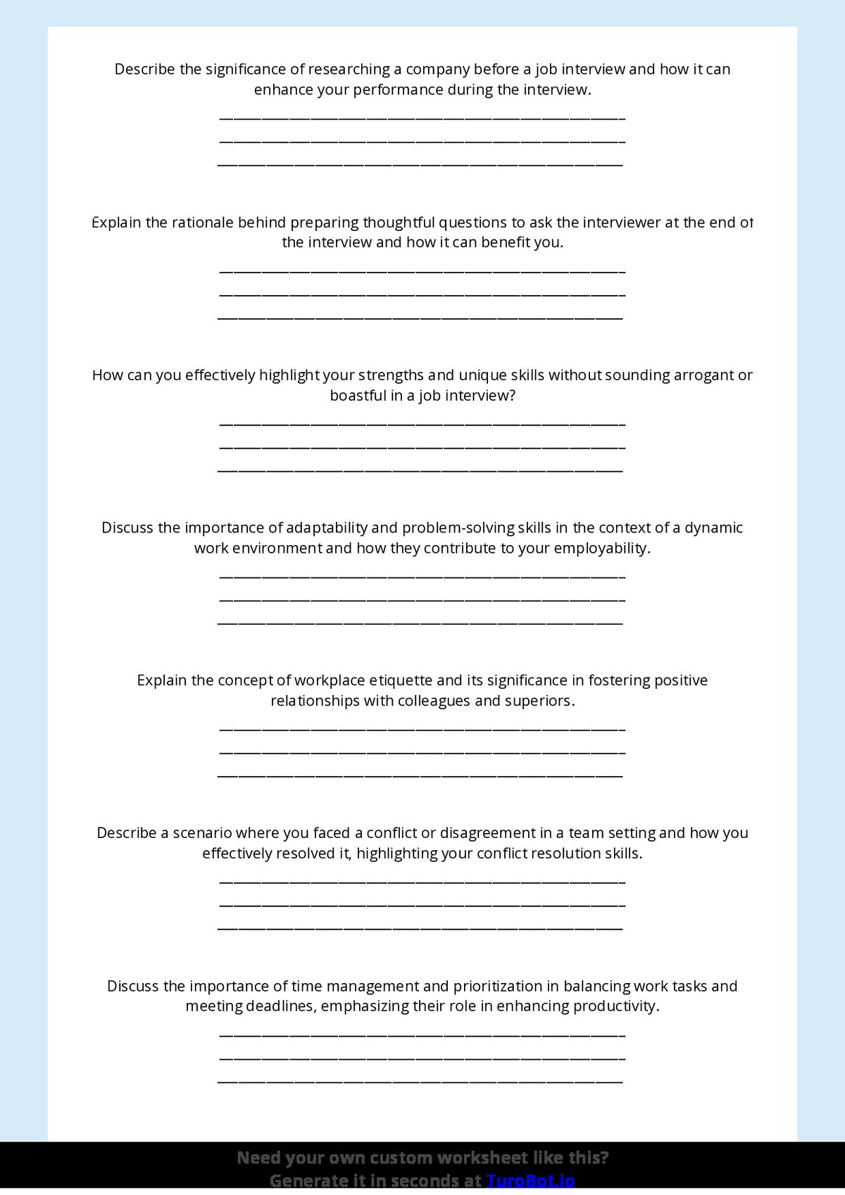Free Worksheet - Year 10 Life Skills Preparing for Job Interviews and Workplaces Short Answer Response