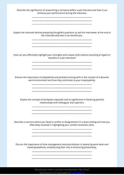 Free Worksheet - Year 10 Life Skills Preparing for Job Interviews and Workplaces Short Answer Response