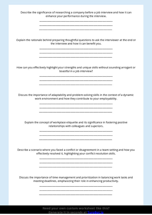 Free Worksheet - Year 10 Life Skills Preparing for Job Interviews and Workplaces Short Answer Response