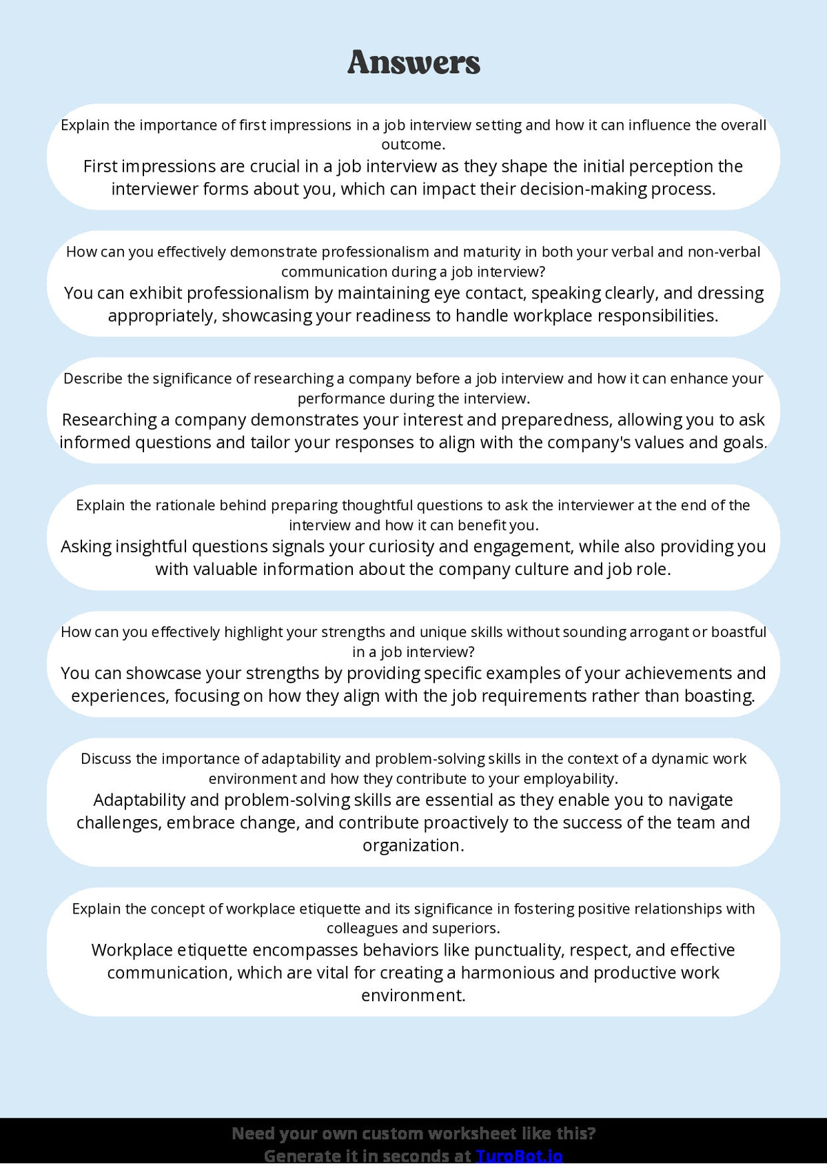 Free Worksheet - Year 10 Life Skills Preparing for Job Interviews and Workplaces Short Answer Response