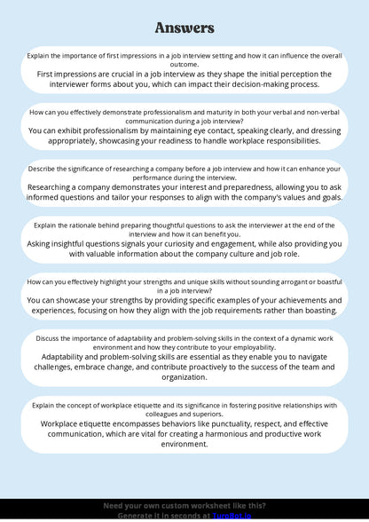 Free Worksheet - Year 10 Life Skills Preparing for Job Interviews and Workplaces Short Answer Response
